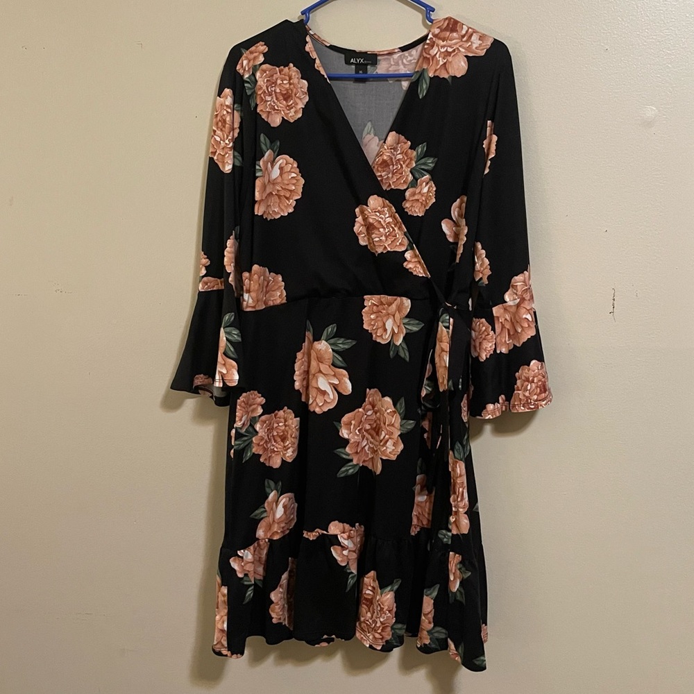 Black and Pink Floral faux Wrap Dress womens XL